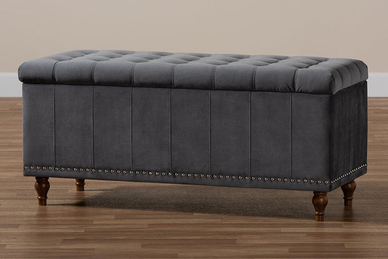 Alfro Gray Velvet Fabric Upholstered Button-Tufted Storage Ottoman Bench Baxton