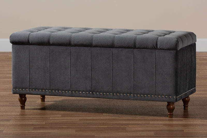 Alfro Modern and Contemporary Gray Velvet Fabric Upholstered Button-Tufted Storage Ottoman Bench