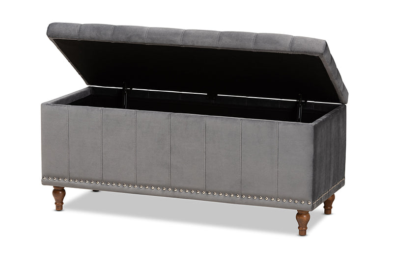 Alfro Modern and Contemporary Gray Velvet Fabric Upholstered Button-Tufted Storage Ottoman Bench