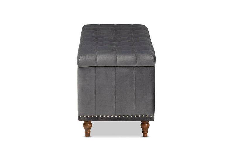 Alfro Gray Velvet Fabric Upholstered Button-Tufted Storage Ottoman Bench Baxton