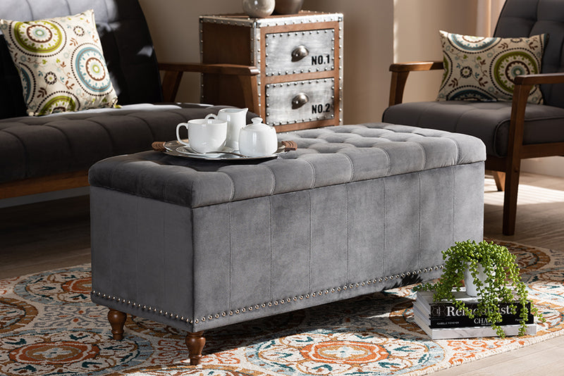 Alfro Modern and Contemporary Gray Velvet Fabric Upholstered Button-Tufted Storage Ottoman Bench