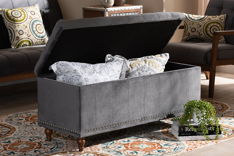 Alfro Modern and Contemporary Gray Velvet Fabric Upholstered Button-Tufted Storage Ottoman Bench