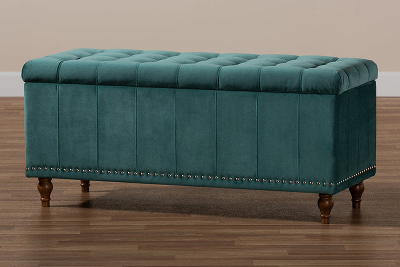 Alfro Teal Blue Velvet Fabric Upholstered Button-Tufted Storage Ottoman Bench Baxton