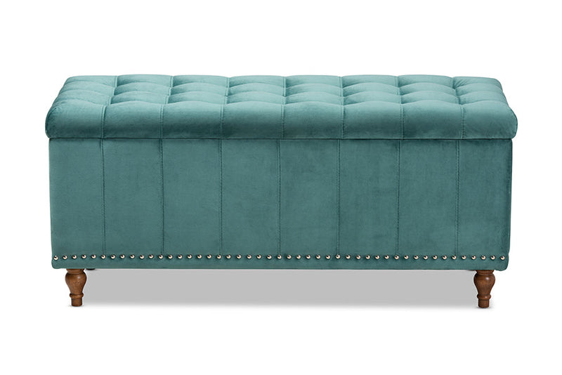 Alfro Teal Blue Velvet Fabric Upholstered Button-Tufted Storage Ottoman Bench Baxton