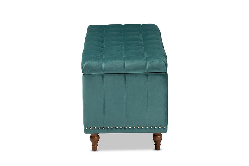 Alfro Teal Blue Velvet Fabric Upholstered Button-Tufted Storage Ottoman Bench Baxton