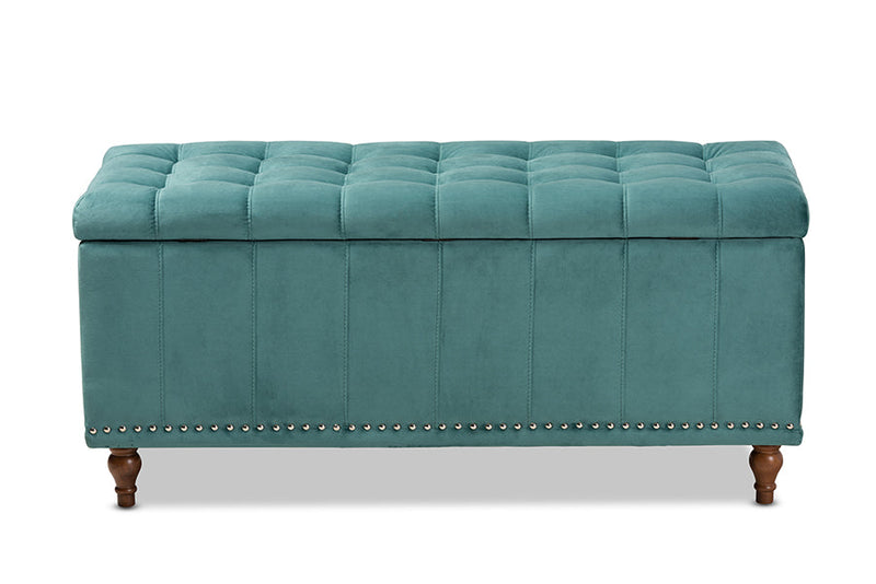 Alfro Teal Blue Velvet Fabric Upholstered Button-Tufted Storage Ottoman Bench Baxton