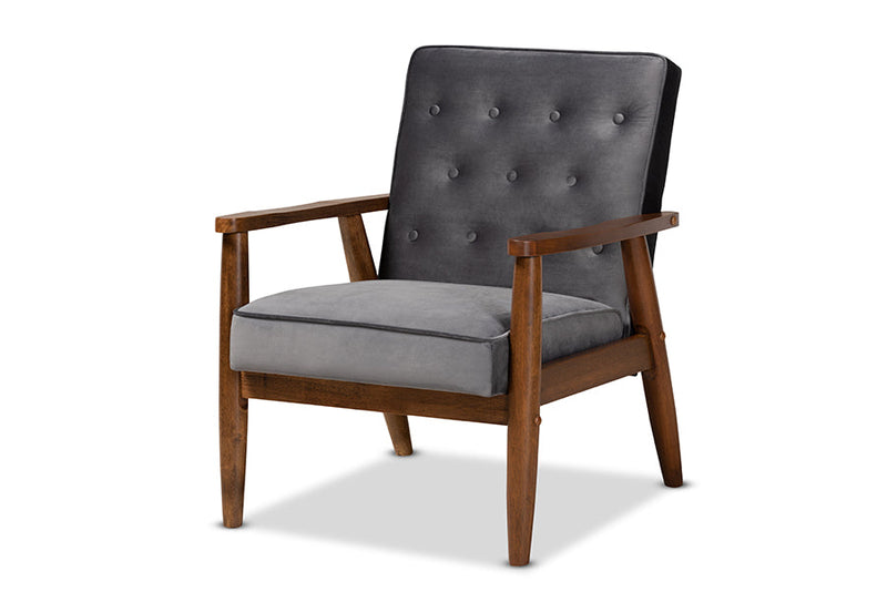 Kennedy Gray Velvet Fabric Upholstered Walnut Finished Wooden Lounge Chair Baxton