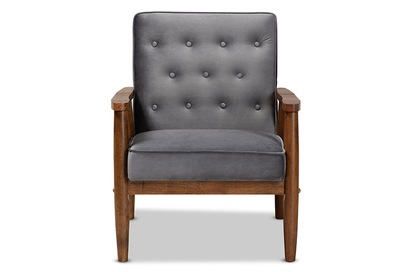 Kennedy Gray Velvet Fabric Upholstered Walnut Finished Wooden Lounge Chair Baxton