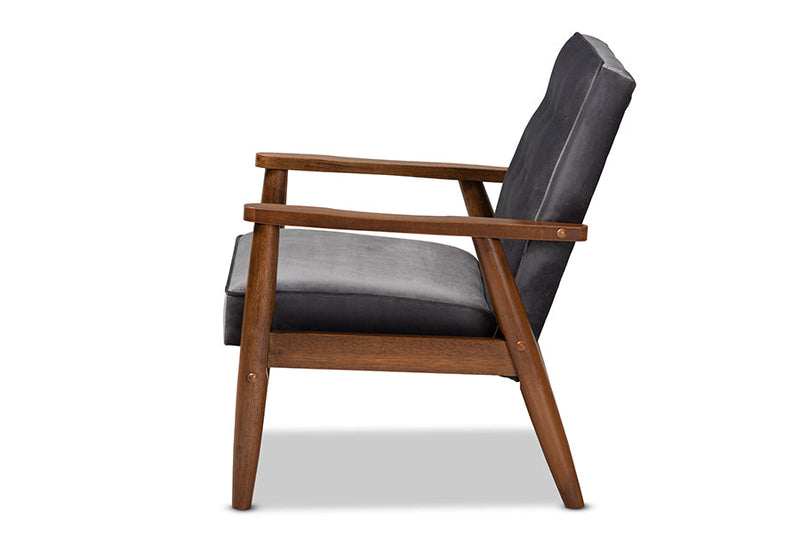 Kennedy Gray Velvet Fabric Upholstered Walnut Finished Wooden Lounge Chair Baxton