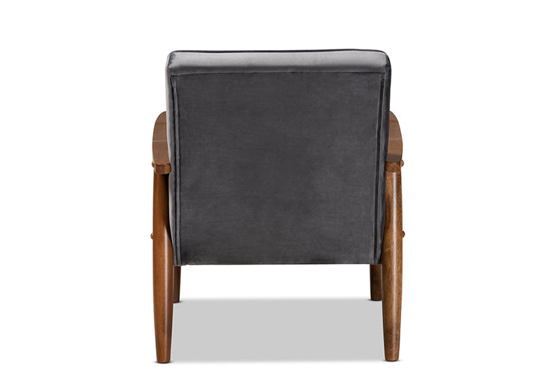 Kennedy Gray Velvet Fabric Upholstered Walnut Finished Wooden Lounge Chair Baxton