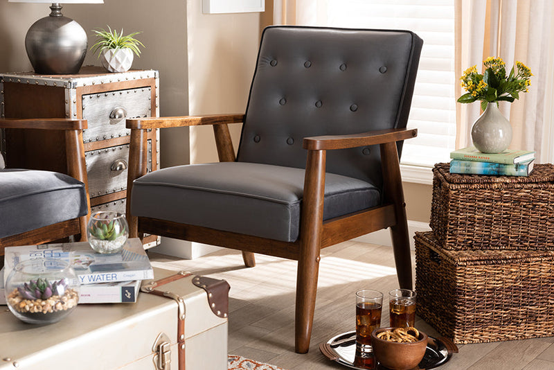 Kennedy Gray Velvet Fabric Upholstered Walnut Finished Wooden Lounge Chair Baxton