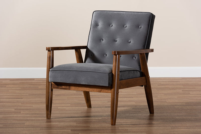 Kennedy Gray Velvet Fabric Upholstered Walnut Finished Wooden Lounge Chair Baxton