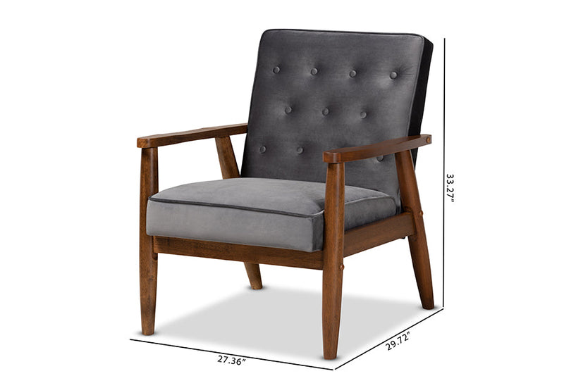Kennedy Gray Velvet Fabric Upholstered Walnut Finished Wooden Lounge Chair Baxton