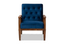 Kennedy Navy Blue Velvet Fabric Upholstered Walnut Finished Wooden Lounge Chair Baxton
