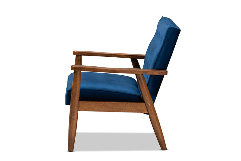 Kennedy Navy Blue Velvet Fabric Upholstered Walnut Finished Wooden Lounge Chair Baxton