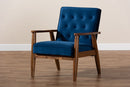 Kennedy Navy Blue Velvet Fabric Upholstered Walnut Finished Wooden Lounge Chair Baxton