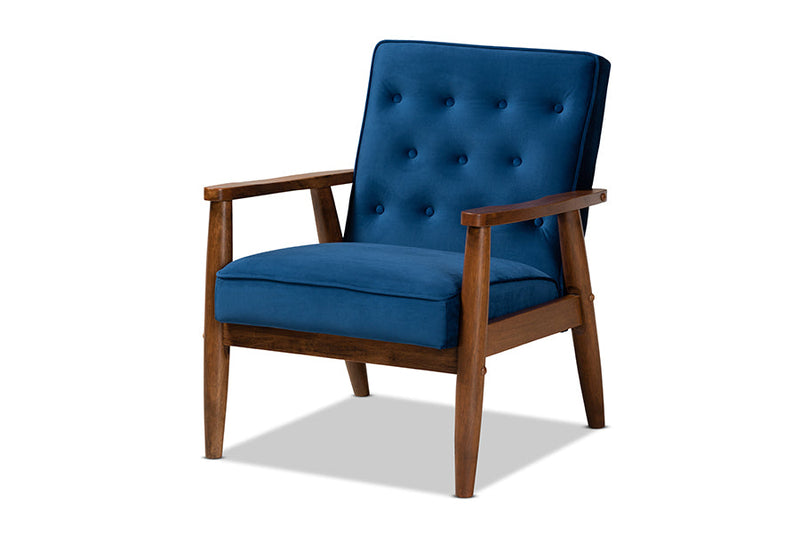 Kennedy Navy Blue Velvet Fabric Walnut Finished 3-Piece Wooden Living Room Set Baxton