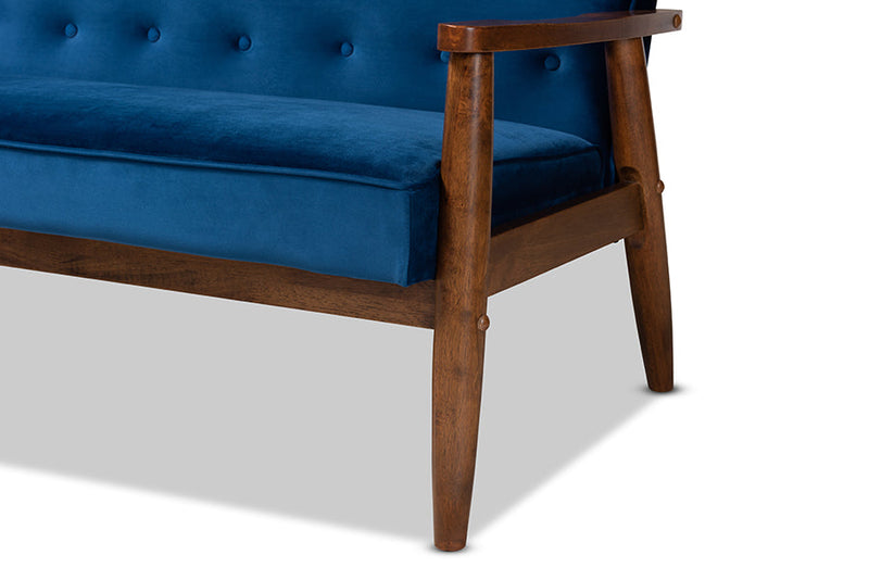 Kennedy Navy Blue Velvet Fabric Walnut Finished 3-Piece Wooden Living Room Set Baxton
