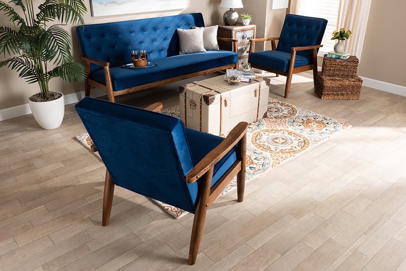 Kennedy Mid-century Navy Blue Velvet Fabric Upholstered Walnut Finished 3-Piece Wooden Living Room Set