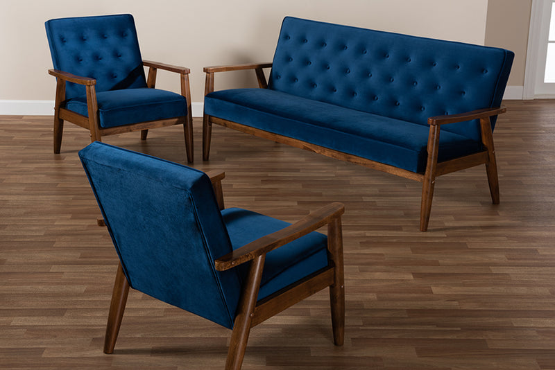 Kennedy Mid-century Navy Blue Velvet Fabric Upholstered Walnut Finished 3-Piece Wooden Living Room Set