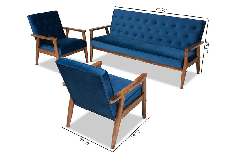 Kennedy Mid-century Navy Blue Velvet Fabric Upholstered Walnut Finished 3-Piece Wooden Living Room Set