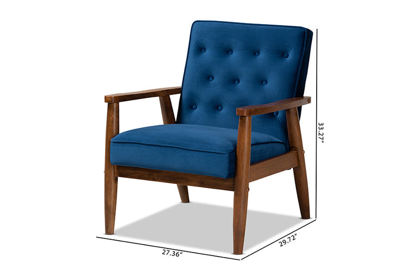 Kennedy Navy Blue Velvet Fabric Upholstered Walnut Finished Wooden Lounge Chair Baxton