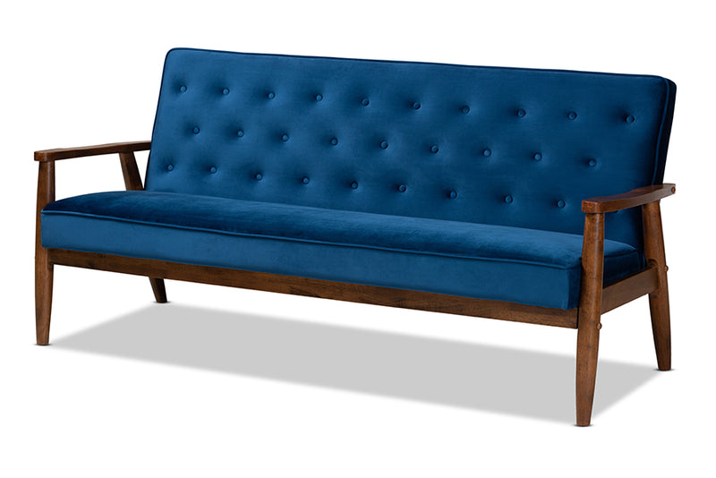 Kennedy Mid-century Modern Navy Blue Velvet Fabric Upholstered Walnut Finished Wooden 3-seater Sofa