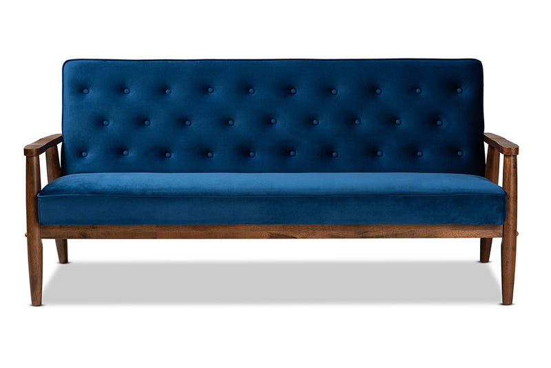 Kennedy Mid-century Modern Navy Blue Velvet Fabric Upholstered Walnut Finished Wooden 3-seater Sofa