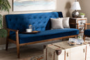 Kennedy Navy Blue Velvet Fabric Upholstered Walnut Finished Wooden 3-seater Sofa Baxton