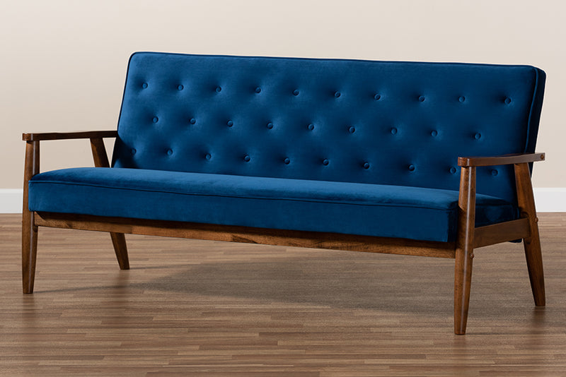 Kennedy Mid-century Modern Navy Blue Velvet Fabric Upholstered Walnut Finished Wooden 3-seater Sofa