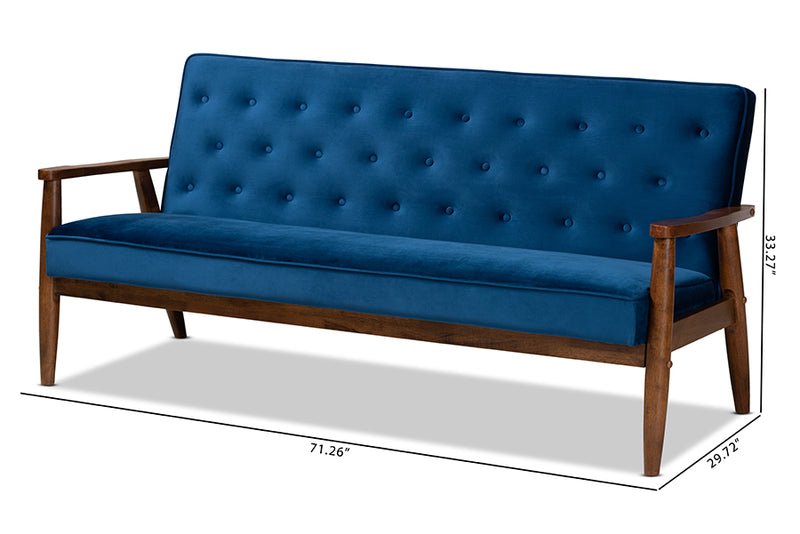 Kennedy Mid-century Modern Navy Blue Velvet Fabric Upholstered Walnut Finished Wooden 3-seater Sofa