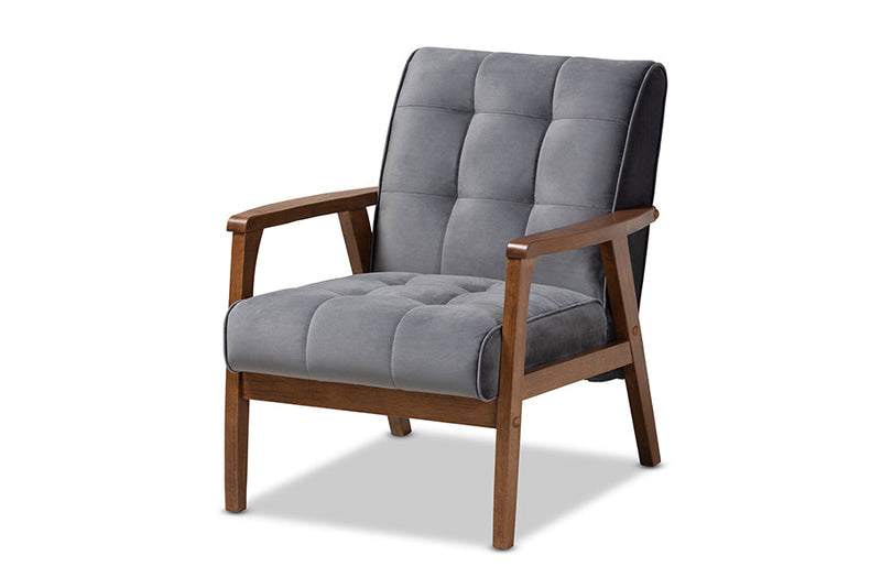 Flower Gray Velvet Fabric Upholstered Walnut 3-Piece Living Room Set Baxton