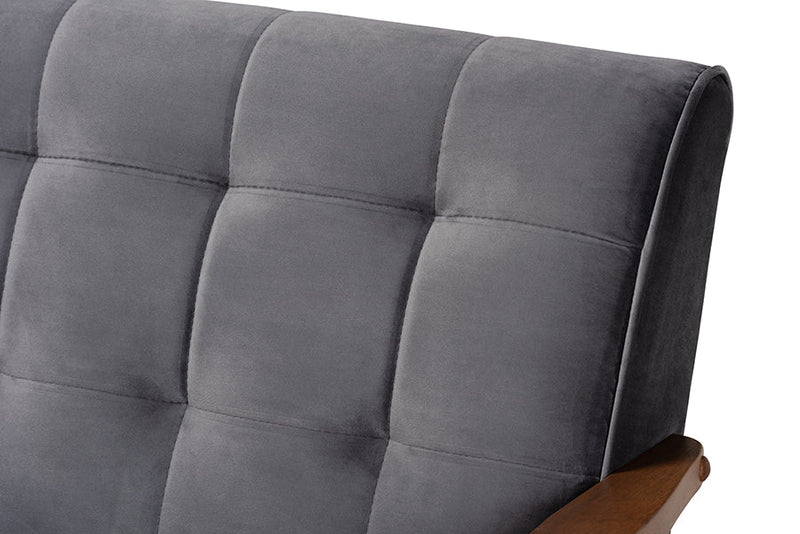 Flower Gray Velvet Fabric Upholstered Walnut 3-Piece Living Room Set Baxton