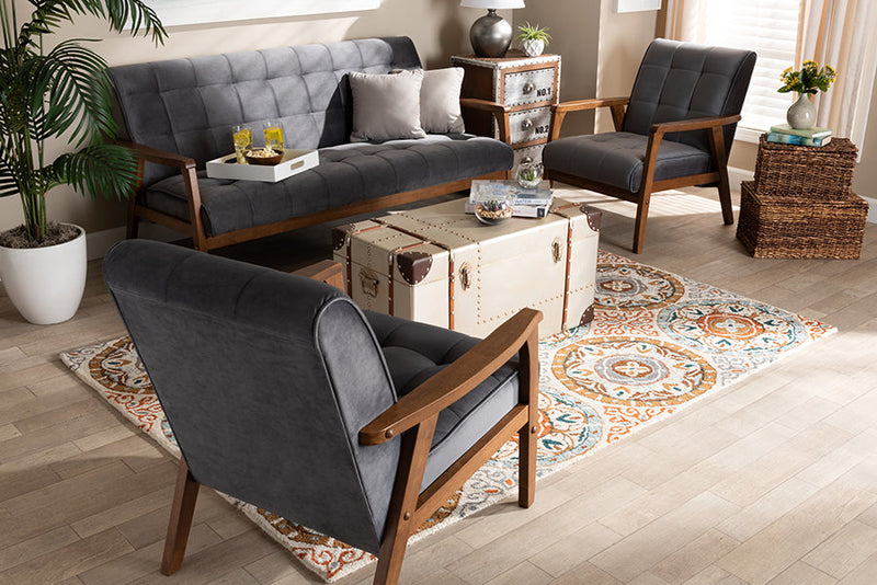 Flower Gray Velvet Fabric Upholstered Walnut 3-Piece Living Room Set Baxton