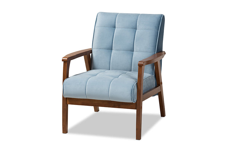 Flower Light Blue Velvet Fabric Upholstered Walnut 3-Piece Living Room Set Baxton
