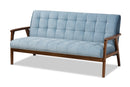 Flower Light Blue Velvet Fabric Upholstered Walnut 3-Piece Living Room Set Baxton