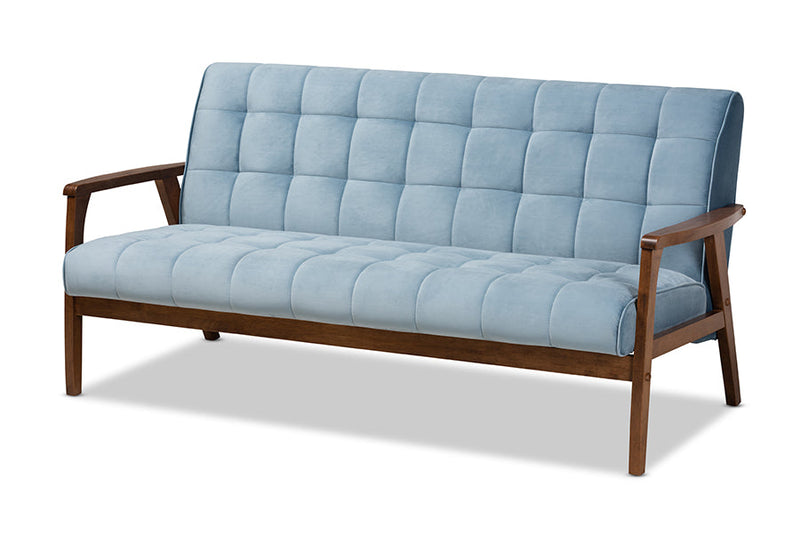 Flower Light Blue Velvet Fabric Upholstered Walnut 3-Piece Living Room Set Baxton