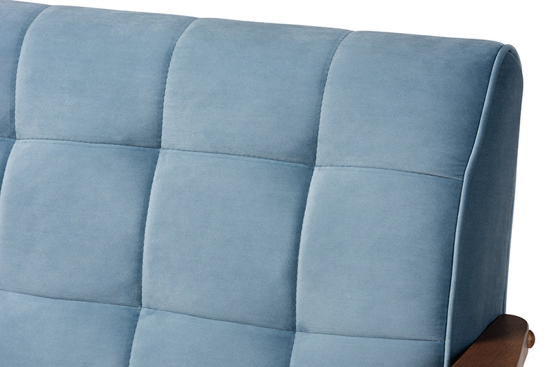 Flower Light Blue Velvet Fabric Upholstered Walnut 3-Piece Living Room Set Baxton