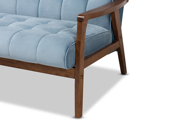 Flower Light Blue Velvet Fabric Upholstered Walnut 3-Piece Living Room Set Baxton