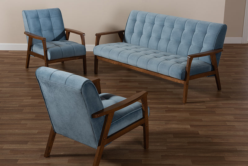 Flower Mid-Century Modern Light Blue Velvet Fabric Upholstered Walnut Finished Wood 3-Piece Living Room Set