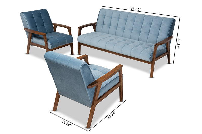 Flower Mid-Century Modern Light Blue Velvet Fabric Upholstered Walnut Finished Wood 3-Piece Living Room Set