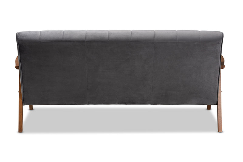 Flower Mid-Century Modern Gray Velvet Fabric Upholstered Walnut Finished Wood Sofa