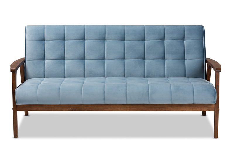 Flower Mid-Century Modern Light Blue Velvet Fabric Upholstered Walnut Finished Wood Sofa