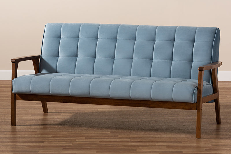 Flower Mid-Century Modern Light Blue Velvet Fabric Upholstered Walnut Finished Wood Sofa