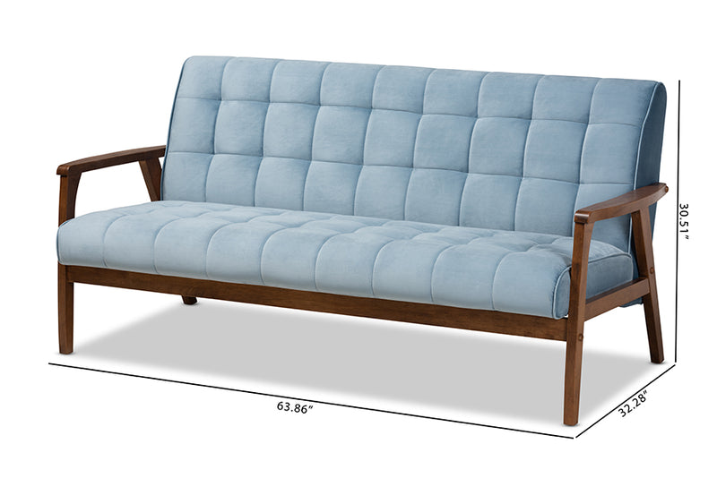 Flower Mid-Century Modern Light Blue Velvet Fabric Upholstered Walnut Finished Wood Sofa