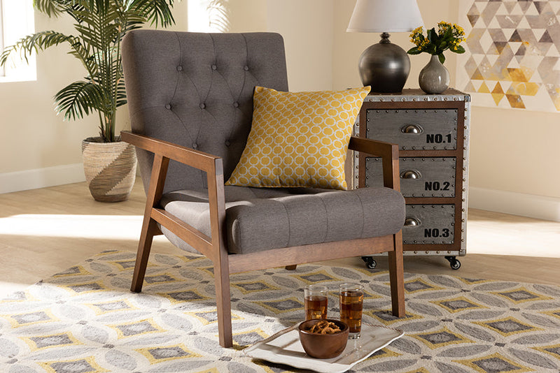 Kalimantan Gray Fabric Upholstered Walnut Armchair Baxton