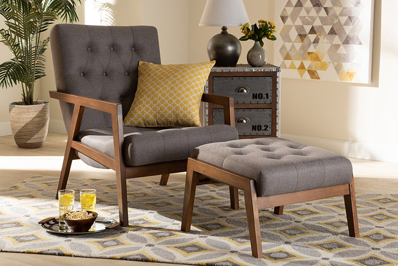 Kalimantan Mid-Century Modern Gray Fabric Upholstered Walnut Finished Wood 2-Piece Armchair and Footstool Set