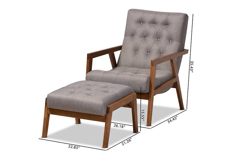 Kalimantan Mid-Century Modern Gray Fabric Upholstered Walnut Finished Wood 2-Piece Armchair and Footstool Set