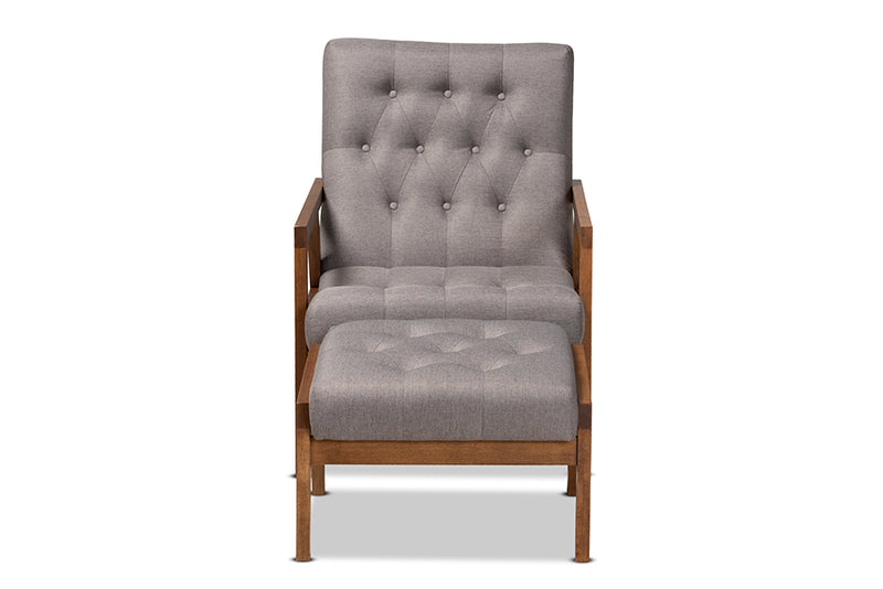 Kalimantan Mid-Century Modern Gray Fabric Upholstered Walnut Finished Wood 2-Piece Armchair and Footstool Set