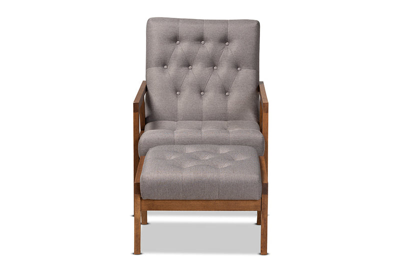 Kalimantan Gray Fabric Upholstered Walnut 2Pc Armchair and Footstool Set Baxton
